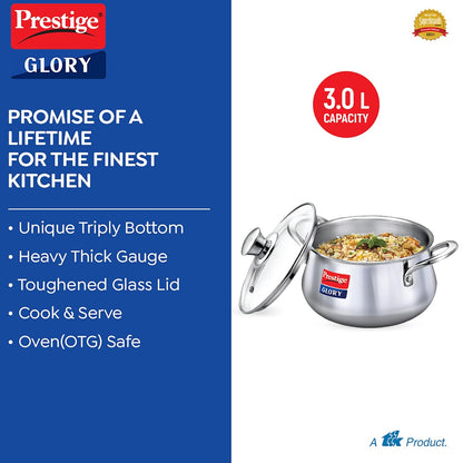 Prestige Glory Stainless Steel Handi (18cms, 3Litres) with Glass Lid | Unique Tri-ply bottom| Oven (OTG safe) - 37523