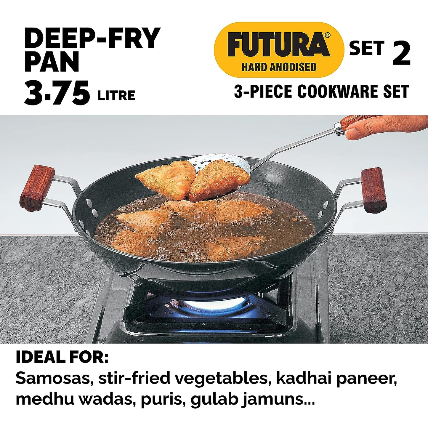 Hawkins Futura 3 Pieces Hard Anodised Cookware Set 2 - 26cm Tava, 25cm Frying Pan and 3.75 Litres Deep Fry Pan - ASET2