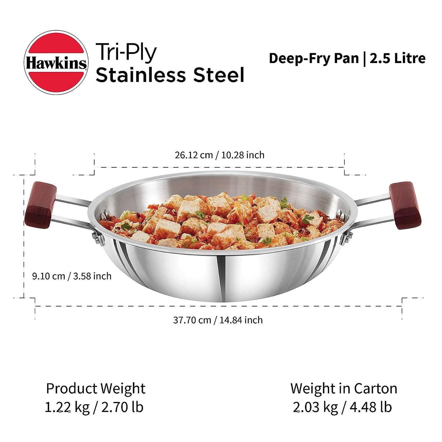 Hawkins Triply Stainless Steel Deep Fry Pan | Kadhai 2.5 Litres | 26cms, Flat Bottom Induction Base - SSD 25