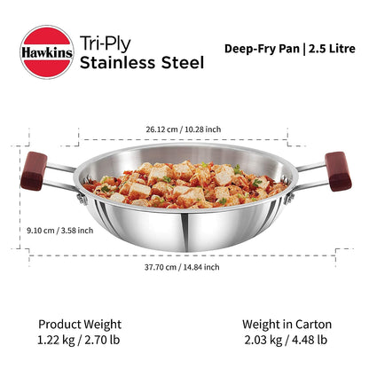 Hawkins Triply Stainless Steel Deep Fry Pan | Kadhai 2.5 Litres | 26cms, Flat Bottom Induction Base - SSD 25