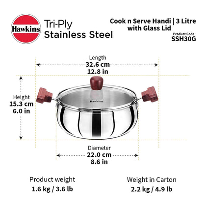 Hawkins Triply Stainless Steel Induction Base Cook n Serve Handi With Glass Lid 3 Litres | 22 cms - SSH 30G