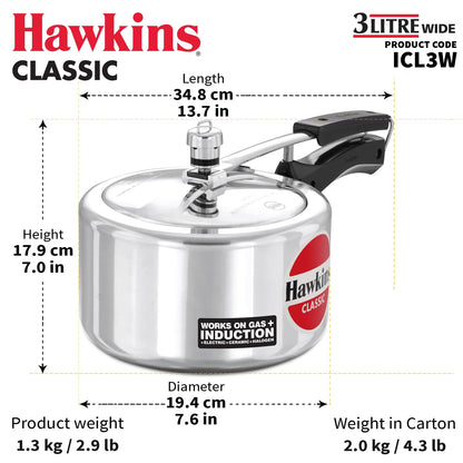 Hawkins Classic 3 Litres Wide Induction Base Aluminium Inner Lid Pressure Cooker - ICL3W