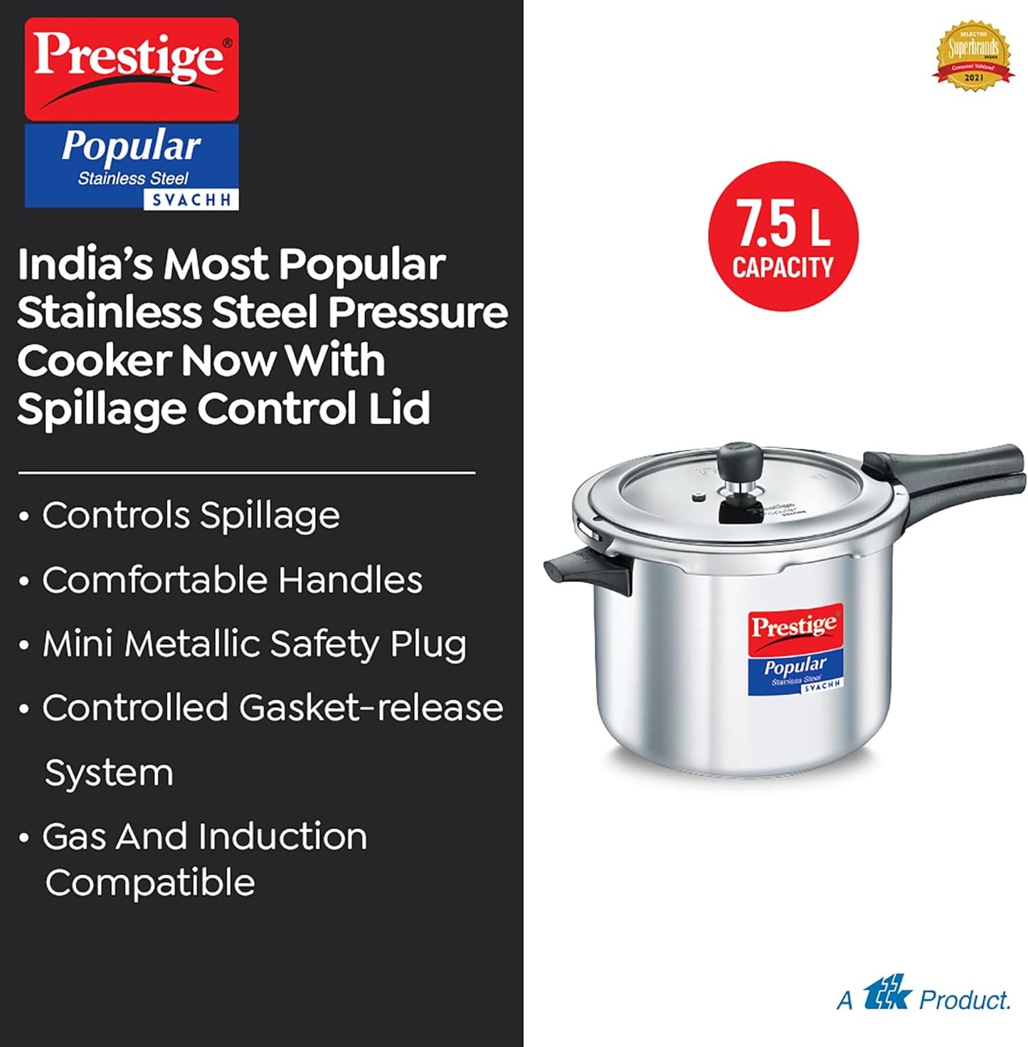 Prestige Svachh Popular Spillage Control Stainless Steel Outer Lid Pressure Cooker, 7.5 Liters - 20174