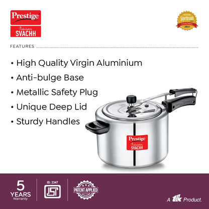 Prestige Nakshatra Svachh 10 Litres, Straight Wall Aluminium Inner Lid Pressure Cooker, with Deep Lid for Spillage Control - 10742