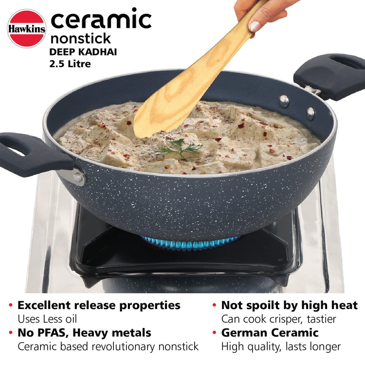 Hawkins Ceramic Nonstick 2.5 Litres Induction Base Granite Deep Kadhai With Glass Lid 24 cms- ICK25G