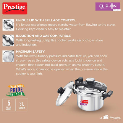 Prestige Svachh Clip-on Mini Stainless Steel 3 Litres Outer Lid Pressure Cooker - 20229