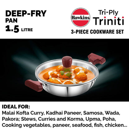 Hawkins Triniti 3 Pieces Triply Stainless Steel Cookware Set (Frying Pan 22cm, Tava 22cm, Deep-Fry Pan with Glass Lid 1.5 Litres) - SSET2