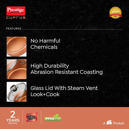 Prestige Cuprus Aluminium Gas and Induction Compatible Non-Stick Sauce Pan with Glass Lid, 16 cm, 1.1 Litres (Copper) - 37482