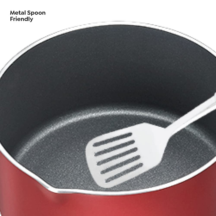 Prestige Omega Deluxe Aluminium Induction Base Non-Stick Milk Pan 160mm with Glass Lid, (Red) - 36728