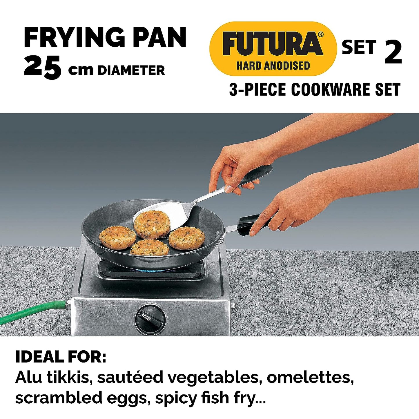 Hawkins Futura 3 Pieces Hard Anodised Cookware Set 2 - 26cm Tava, 25cm Frying Pan and 3.75 Litres Deep Fry Pan - ASET2