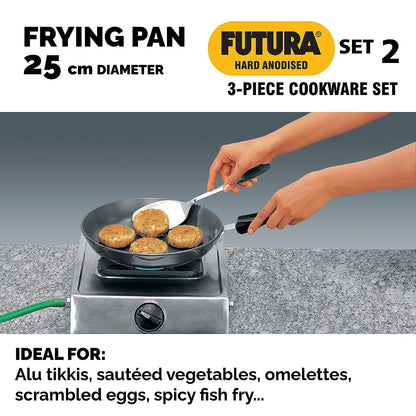 Hawkins Futura 3 Pieces Hard Anodised Cookware Set 2 - 26cm Tava, 25cm Frying Pan and 3.75 Litres Deep Fry Pan - ASET2