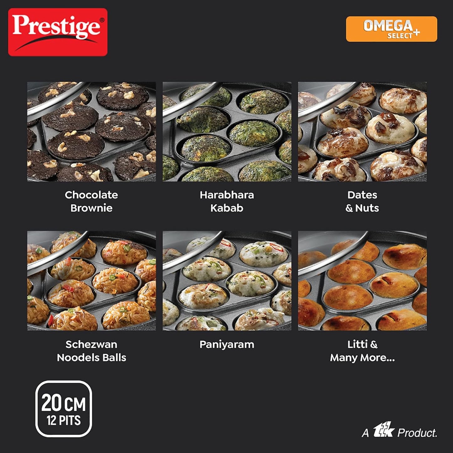 Prestige Omega Select Plus Non Stick Paniyarakkal | Paniyaram Pan with Lid 20cms | 12 Pits - 30348