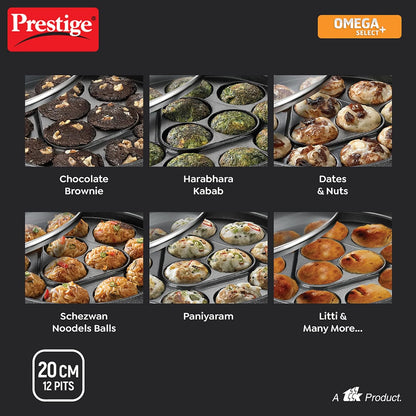 Prestige Omega Select Plus Non Stick Paniyarakkal | Paniyaram Pan with Lid 20cms | 12 Pits - 30348