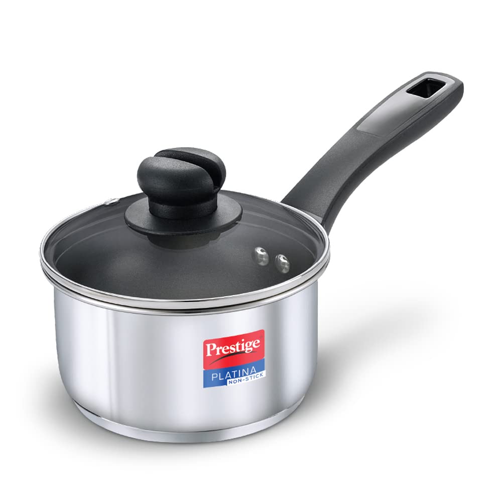 Prestige Platina Non-stick Stainless Steel Unique Impact Forged Bottom Sauce Pan with Glass Lid 180mm - 36228