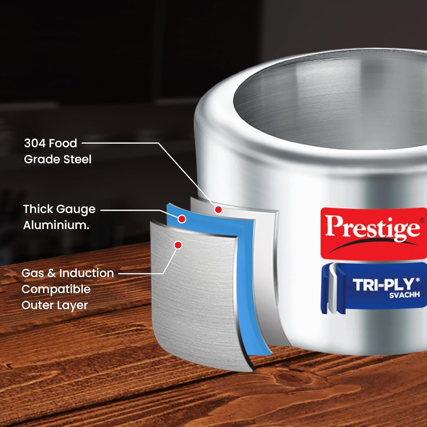 Prestige Triply Svachh Inner Lid Pressure Cooker 2 Litres, Three-Layer Design | Visual Pressure Indicator | Gas And Induction Compatible - 20717