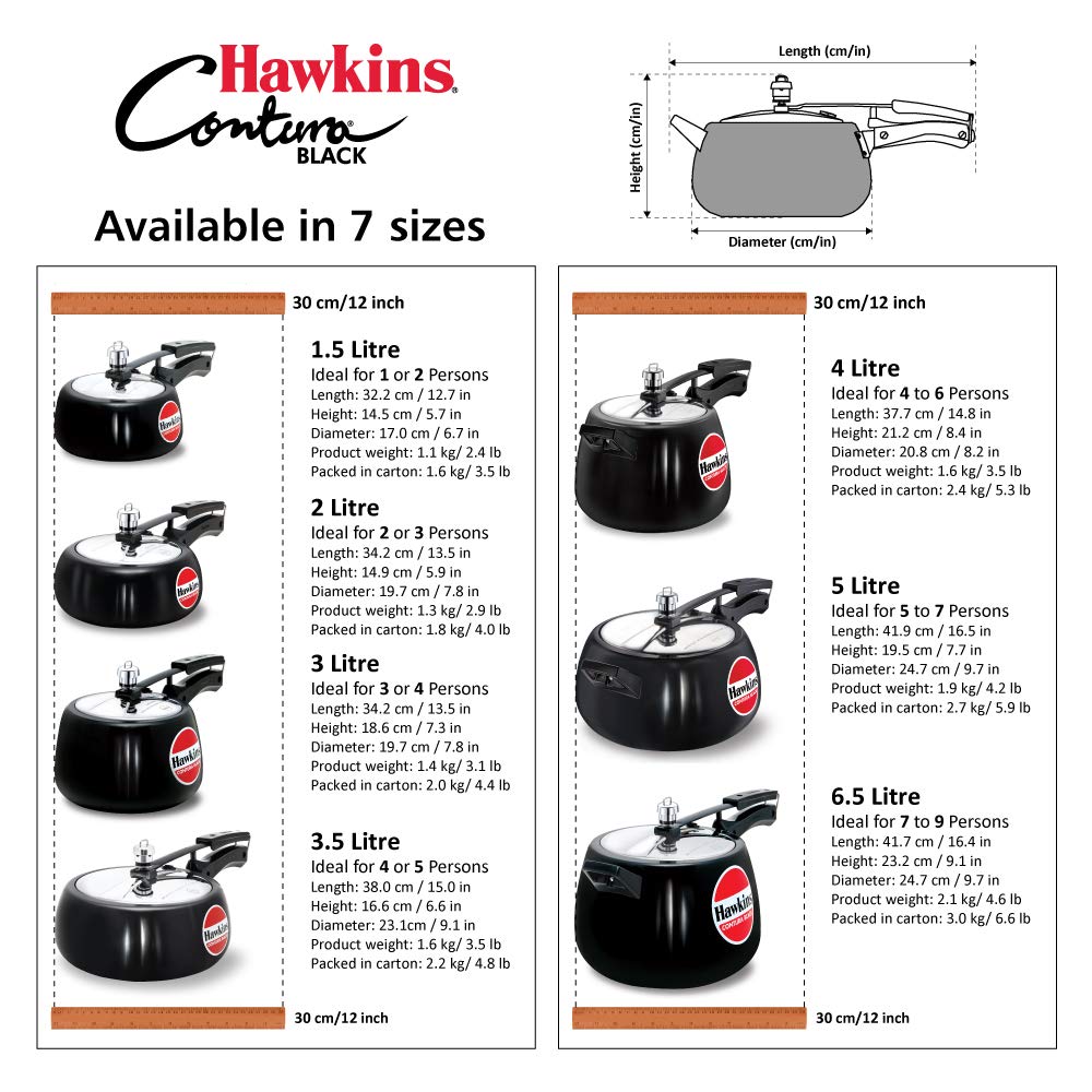 Hawkins Contura Hard Anodized Pressure Cooker, 3.5 Liters, Black - CB35