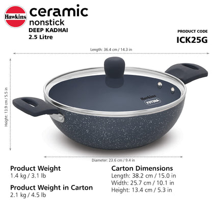 Hawkins Ceramic Nonstick 2.5 Litres Induction Base Granite Deep Kadhai With Glass Lid 24 cms- ICK25G