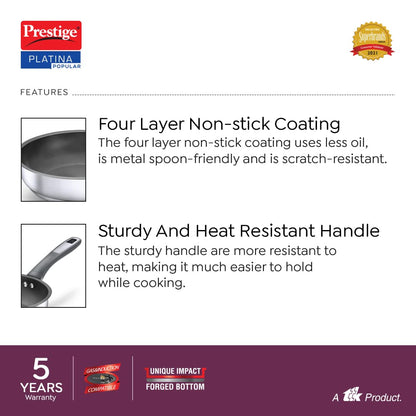 Prestige Platina Non-Stick SS Fry Pan Without Lid 240mm (Stainless Steel, Black) - 36224