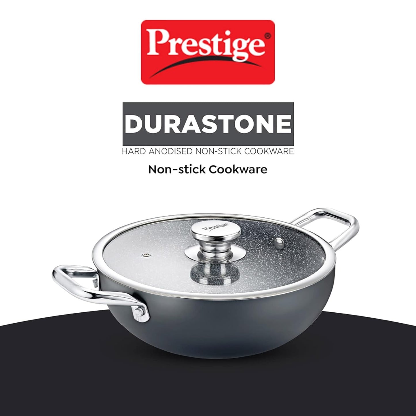 Prestige Durastone Hard Anodised Non-Stick Deep Kadai with Glass Lid | 6 layers extra durable stone finish | No harmful chemicals | Induction compatible | SS Stay cool handles