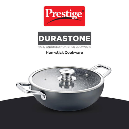 Prestige Durastone Hard Anodised Non-Stick Deep Kadai with Glass Lid | 6 layers extra durable stone finish | No harmful chemicals | Induction compatible | SS Stay cool handles