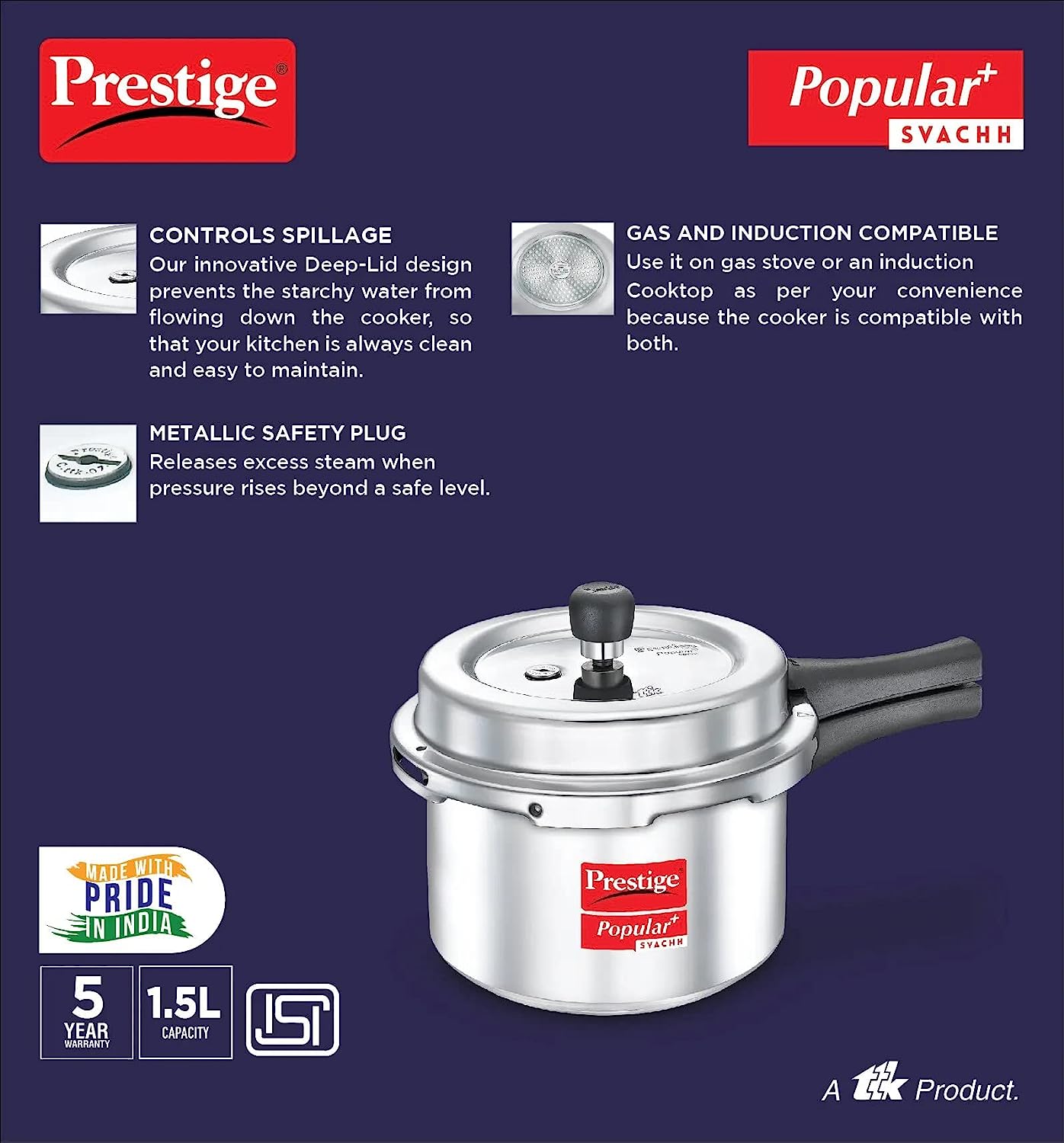 Prestige Popular Plus Svachh Virgin Aluminium Gas and Induction Compatible Outer Lid Pressure Cooker 1.5 Litres - 10168