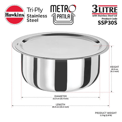 Hawkins 3 Litres Metro Patila, Triply Stainless Steel Tope With Stainless Steel Lid, Induction Bhagona, Tapeli 21cms - SSP30S