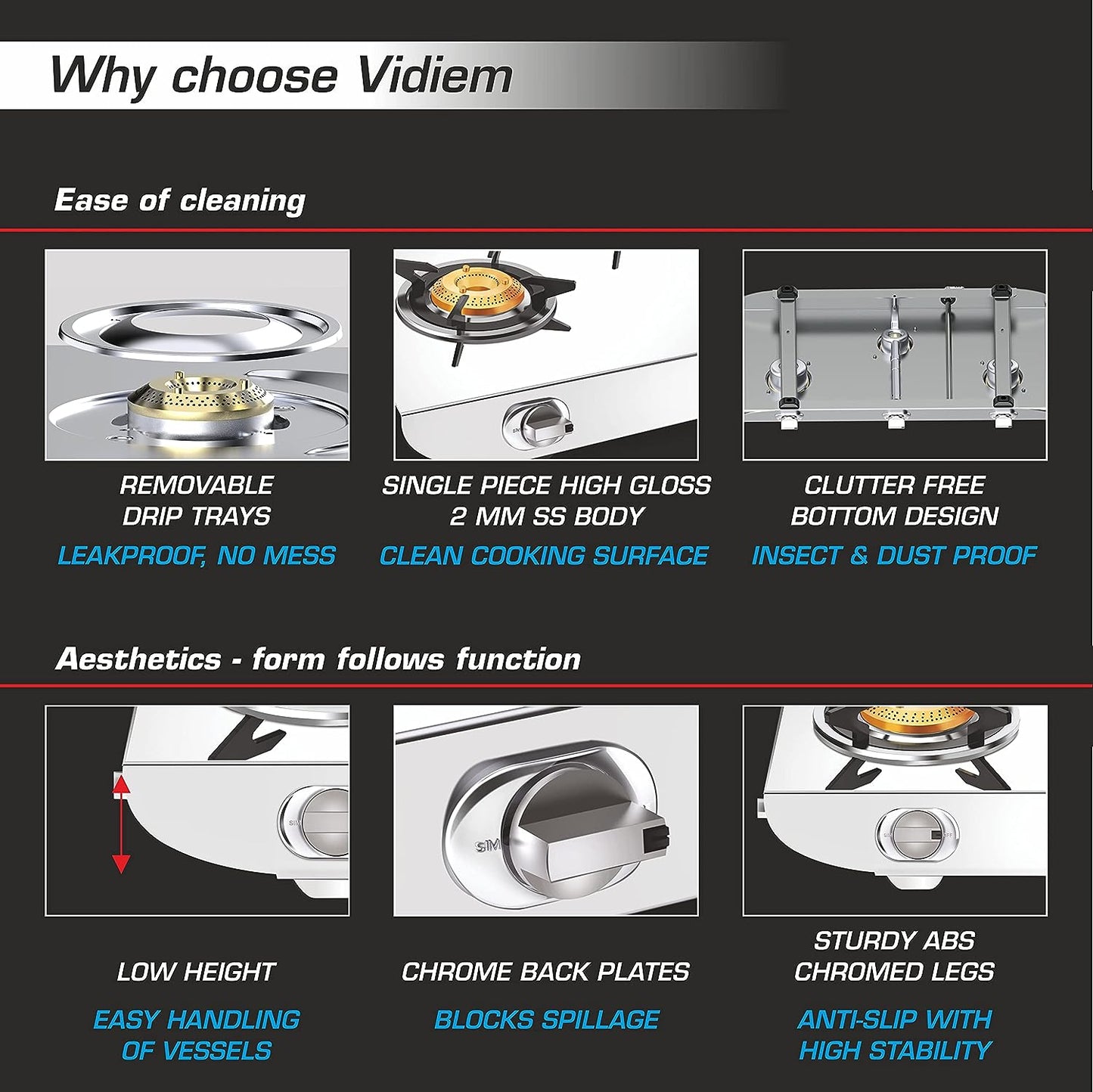 Vidiem Tusker Stainless Steel 3 Burner Glass Top Gas Stove | Manual Ignition