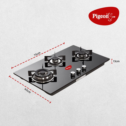 Pigeon Ornate Italian 3 Burner Hob, Multi Spark Integrated Auto Ignition, Scratch Resistant 8 mm Thick Toughened Glasstop Gas Stove -14117