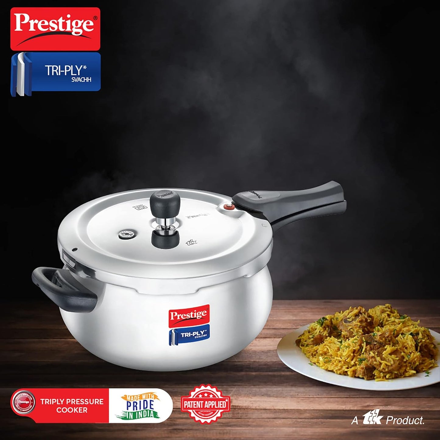 Prestige 3 Litre Svachh Tri-Ply handi pressure cooker Outer Lid | Deep Lid for spillage control | Metallic Safety Plus | 5 years warranty - 20706