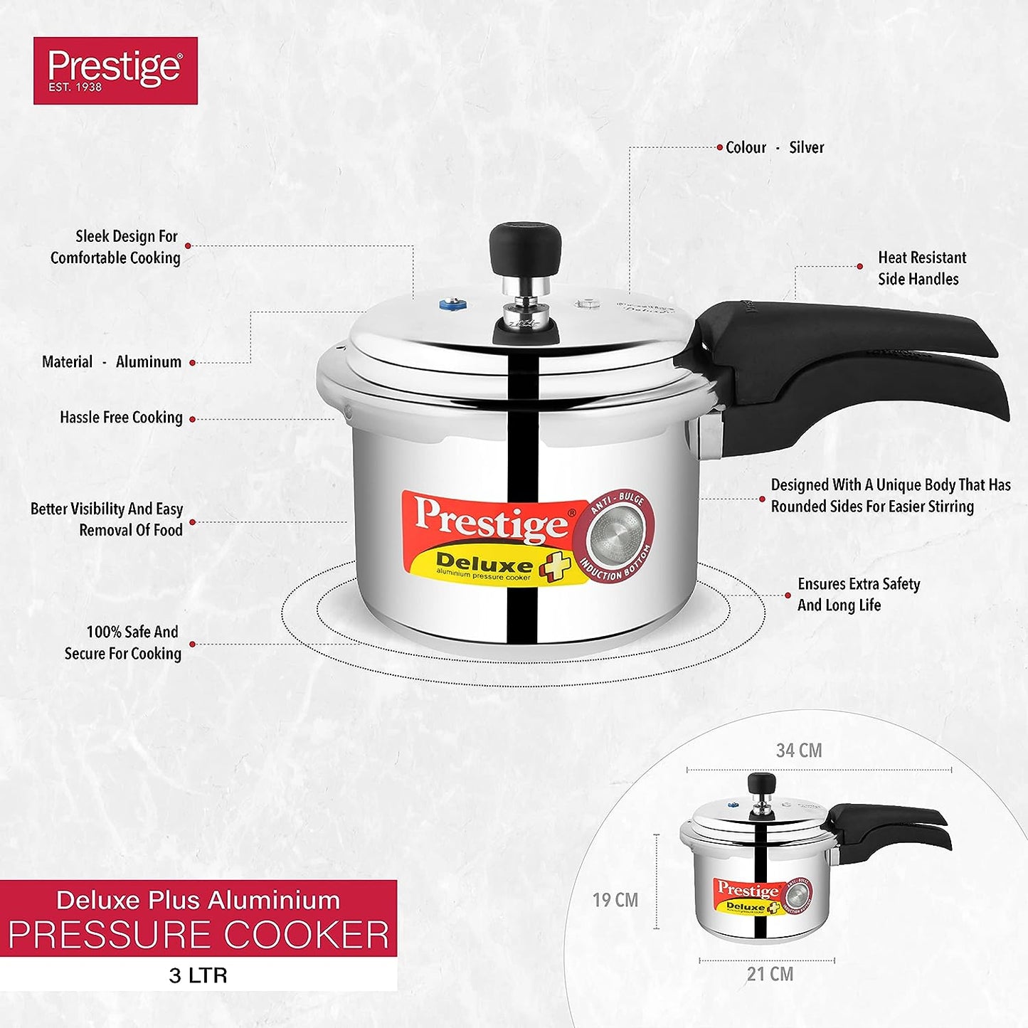 Prestige Deluxe Plus Induction Base Aluminium Outer Lid Pressure Cooker, 3 Litres - 10701