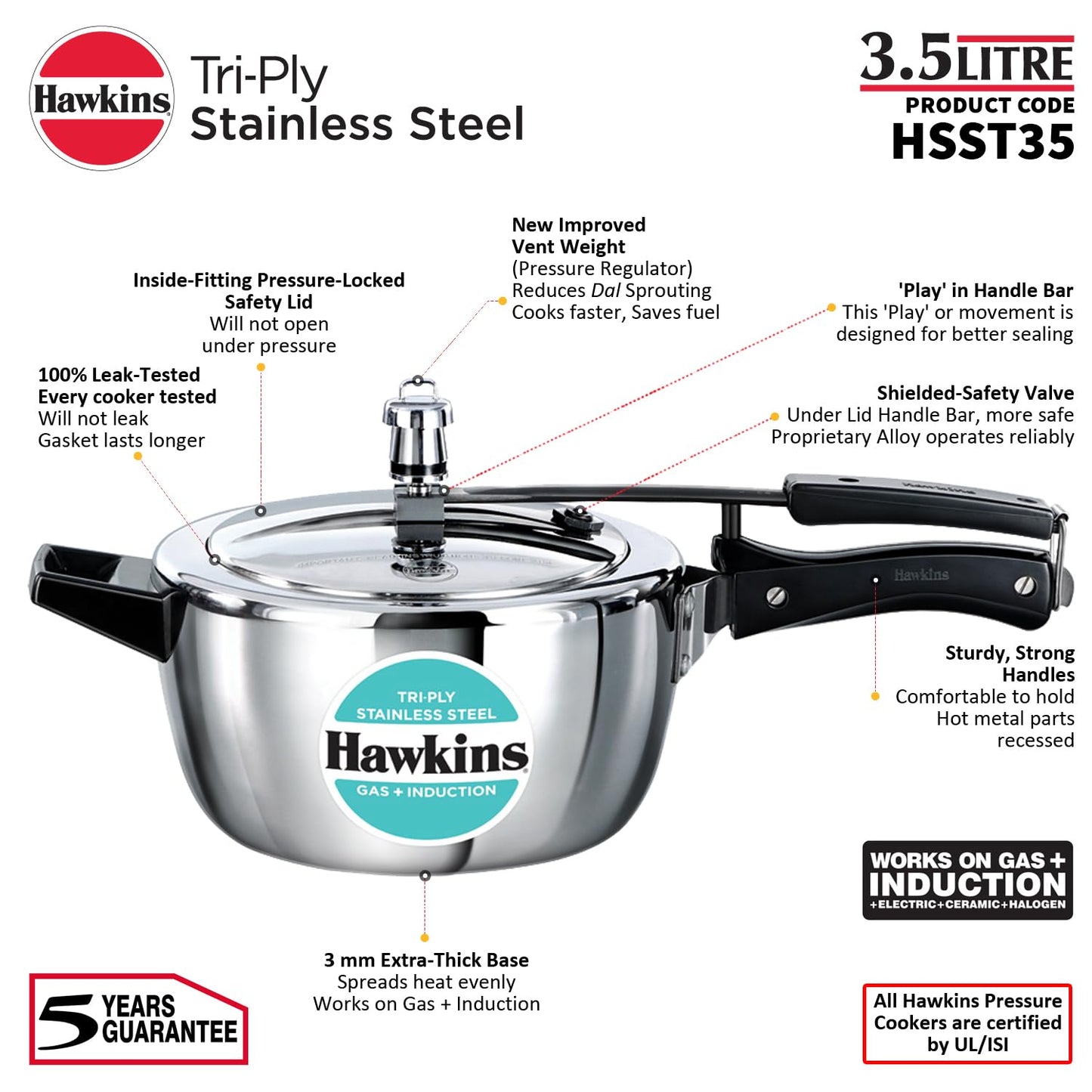 Hawkins 3.5 Litre Triply Stainless Steel Pressure Cooker, Inner Lid Cooker - HSST35