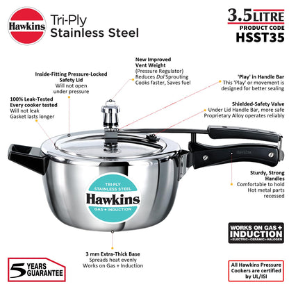 Hawkins 3.5 Litre Triply Stainless Steel Pressure Cooker, Inner Lid Cooker - HSST35