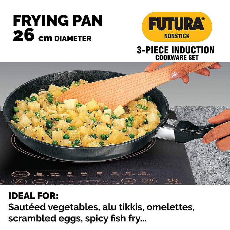 Hawkins Futura 3 Pieces Induction Compatible Nonstick Cookware Set 1 - 26cm Frying Pan, 26cm Flat Tava and 3 Litre Cook-n-Serve Stewpot with One Stainless Steel Lid - INSET1