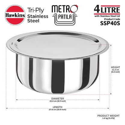 Hawkins 4 Litres Metro Patila, Triply Stainless Steel Tope With Stainless Steel Lid, Induction Bhagona, Tapeli 22.6cms - SSP40S