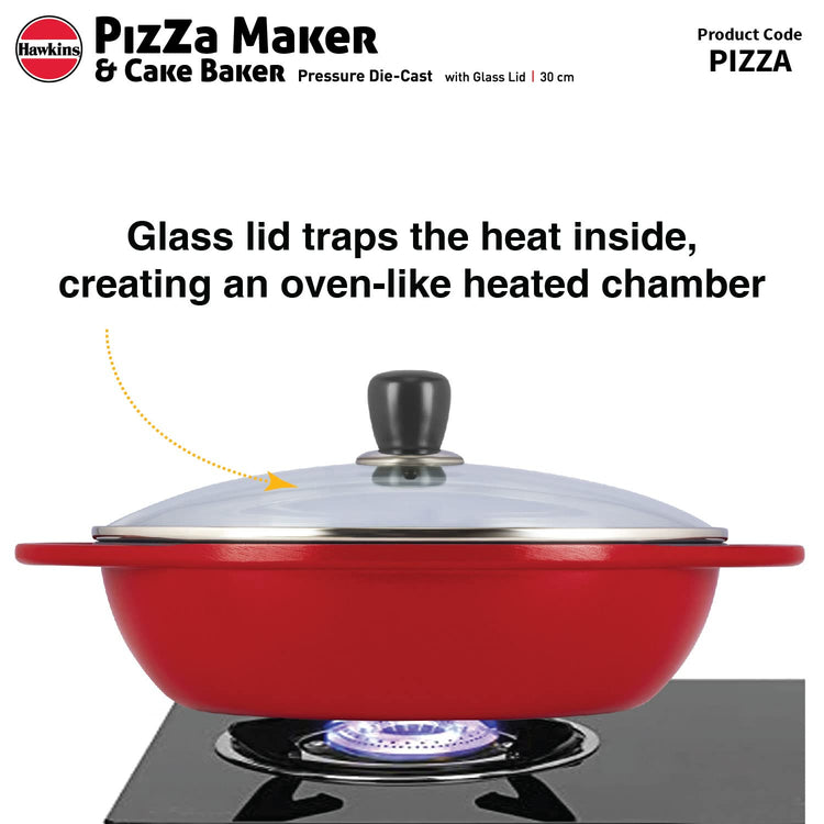 Hawkins Diecast 30cms Nonstick Pizza Maker and Cake Baker with Glass Lid, Gas Oven, Pizza Oven Toaster Griller Tandoor Barbecue, Cake Baking Pan, Red - PIZZA