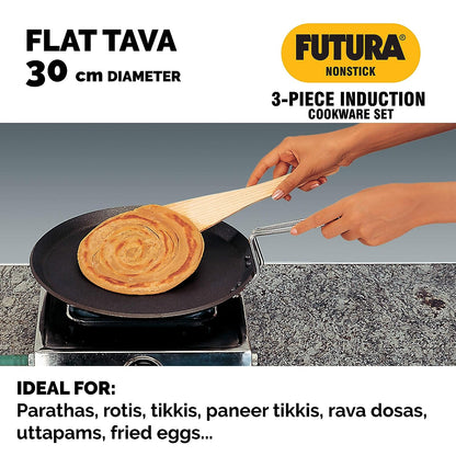 Hawkins Futura 3 Pieces Non Stick Cookware Set 1 - 30cm Flat Tava, 22cm Frying Pan and 2 Litres Curry Pan with One Stainless Steel Lid - NSET1