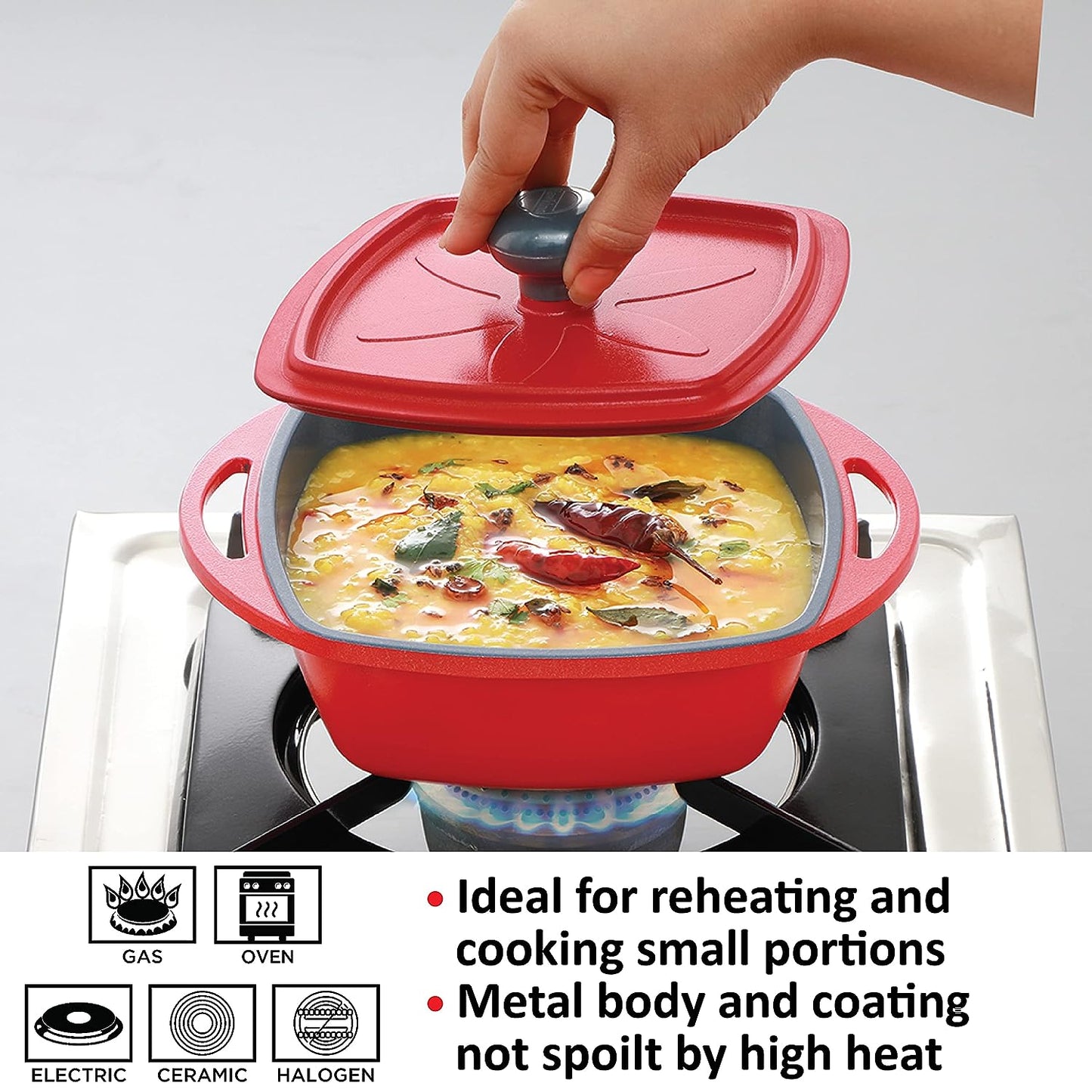 Hawkins Die-Cast Mini Casserole With Lid 0.75 Litres, Square Shaped Die-Cast pan for Cooking, Reheating, Serving and Storing, Red - MCSR75