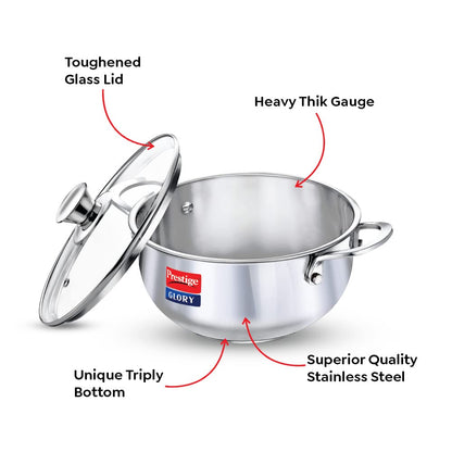 Prestige Glory Stainless Steel Cookware Kadai 22 cms | 3.5 Liters with Glass Lid - 37539