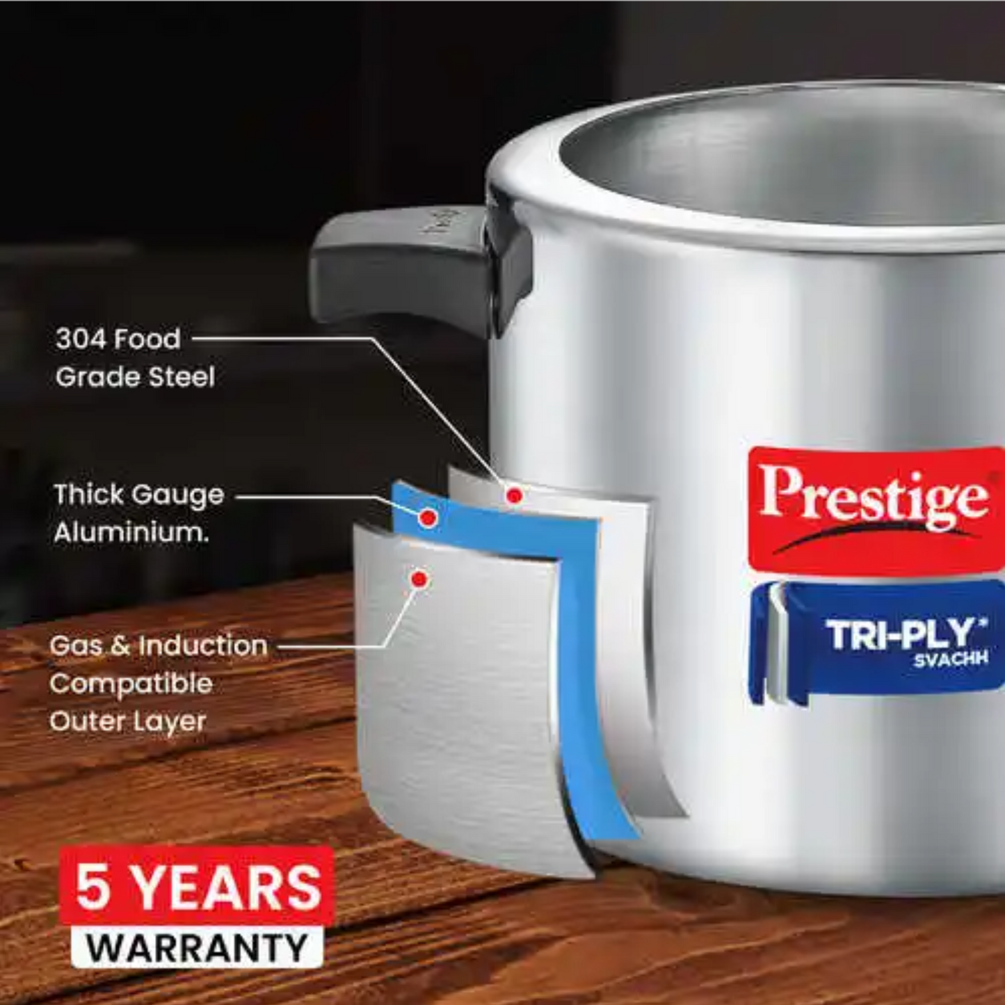 Prestige Triply Svachh Inner Lid Pressure Cooker 5 Litres, Three-Layer Design | Visual Pressure Indicator | Gas And Induction Compatible - 20715