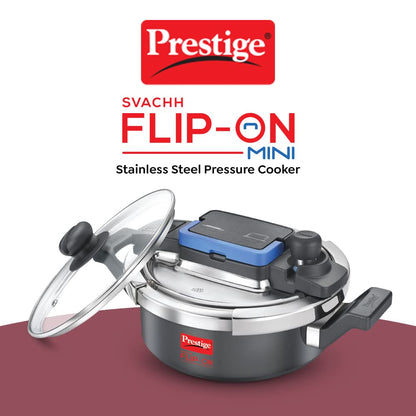 Prestige 2 Litres Svachh FLIP-ON Mini Hard Anodised Pressure Cooker with glass lid | Innovative lock lid with spillage control Induction compatible| 5 years warranty | Black - 20167