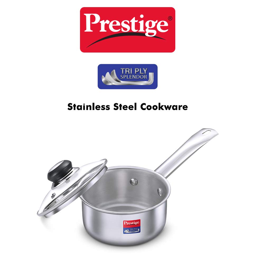 Prestige Tri-ply Splender Stainless Steel Sauce Pan with Lid 140mm | 1.1 Litres - 37416