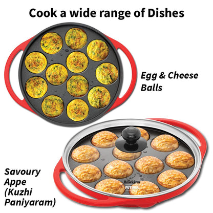 Hawkins Die-Cast Appe Pan | 12 Pits Paniyarakkal With Glass Lid 26cms, Red - NAPE26G