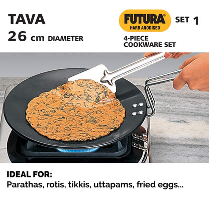 Hawkins Futura 4 Pieces Hard Anodised Cookware Set 1 - 26cm Tava, 22cm Frying Pan, 2.5 Litres Deep Fry Pan and 3 Litres Cook-n-Serve Bowl and One Hard Anodised Lid -ASET1