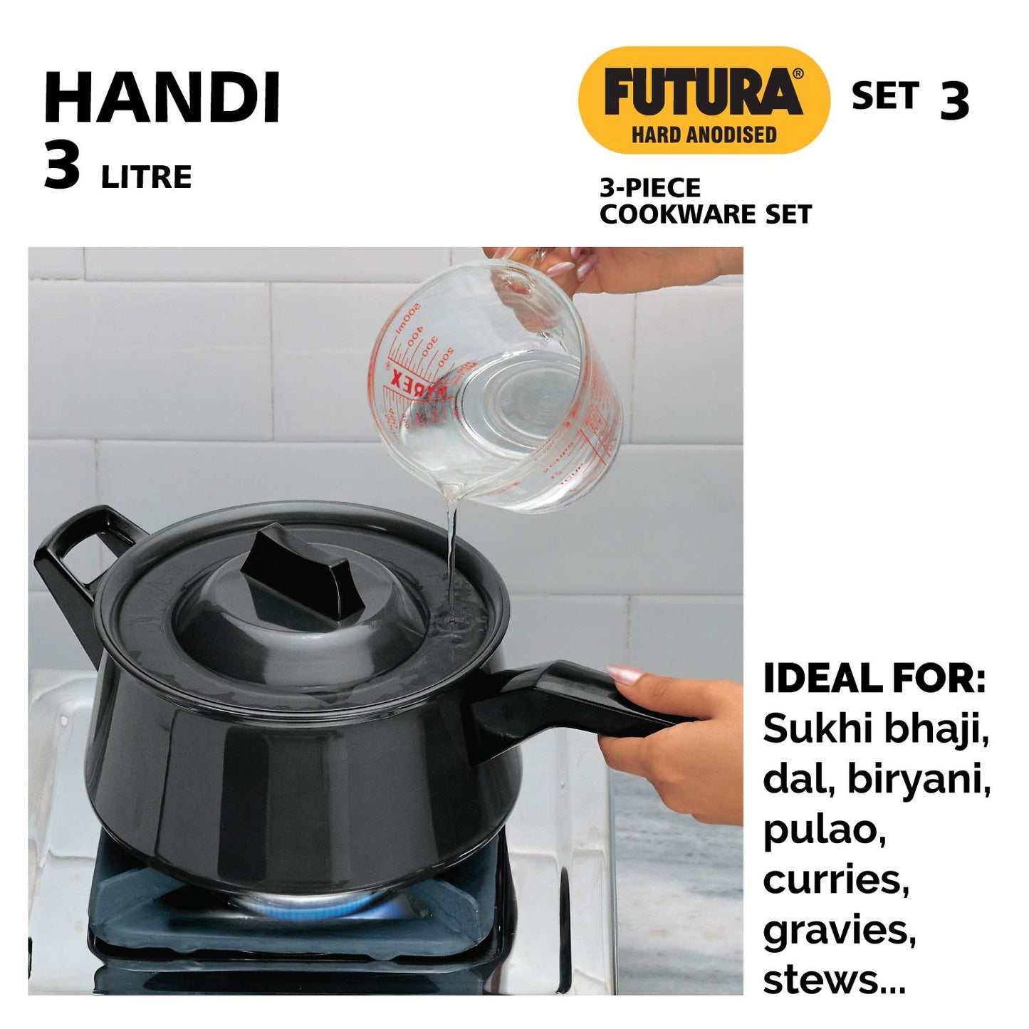 Hawkins Futura 3 Pieces Hard Anodised Cookware Set 3 - 26cm Tava, 3 Litres Handi Sauce Pan With One Hard Anodised Lid and 2.5 Litres Deep Fry Pan With SS Lid - ASET3