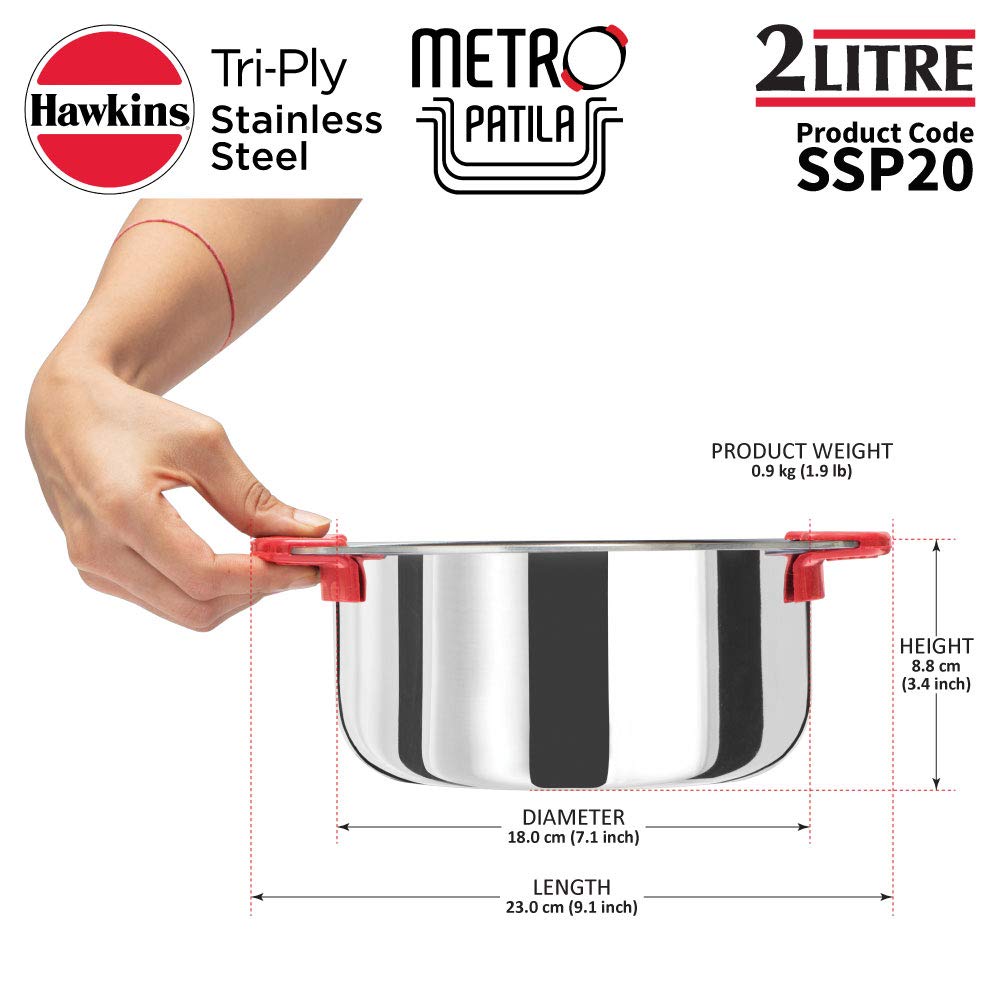 Hawkins 2 Litres Metro Patila, Triply Stainless Steel Tope, Induction Bhagona, Tapeli 18cms - SSP20