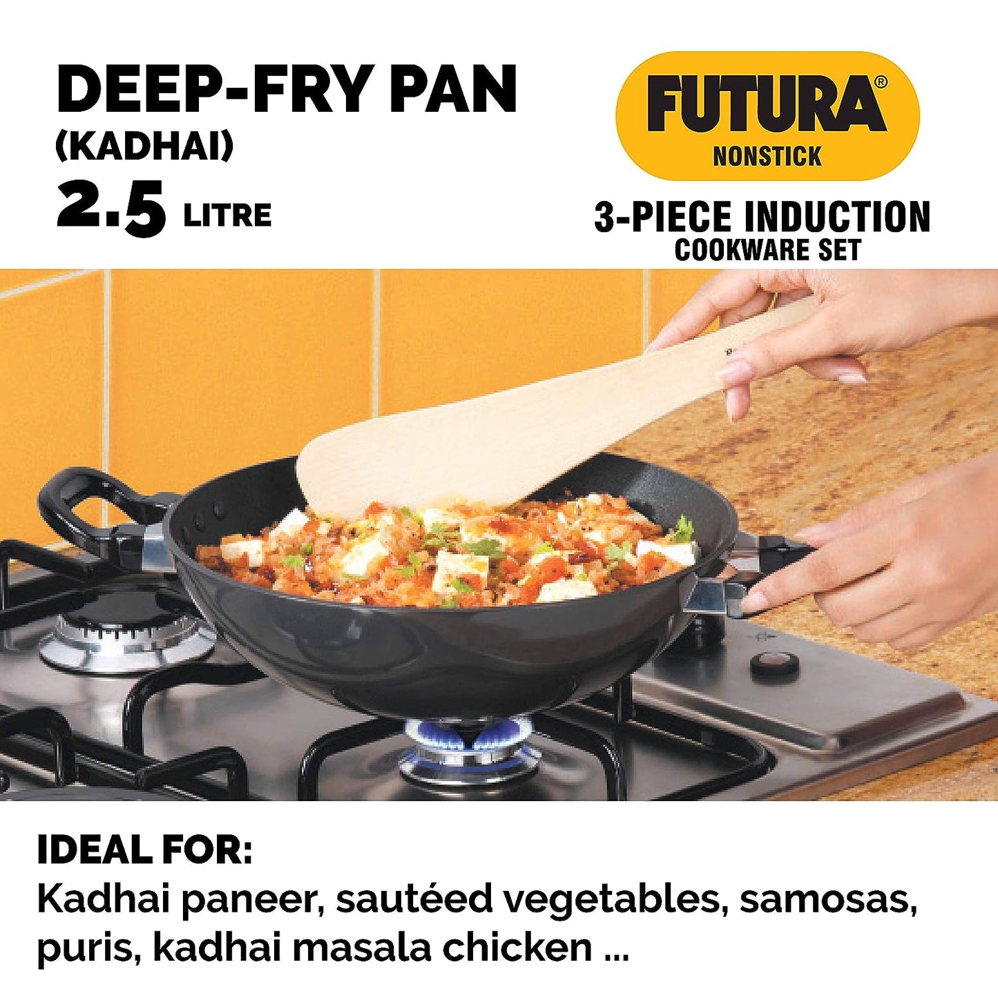 Hawkins Futura 3 Pieces Non Stick Cookware Set No.7 - 33cm Dosa Tava, 18cm Frying Pan, 2.5 Litres Kadhai and Two Stainless Steel Lids - NSET7