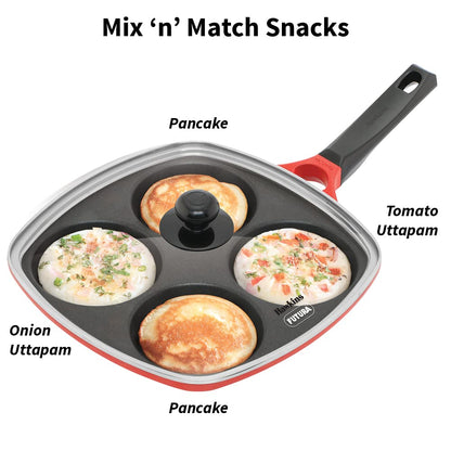 Hawkins Die-Cast Nonstick Multi Snack Pan with Glass Lid, Mini Uttapam Tawa, Pancake Pan, Red 30cms - DCMS 30G