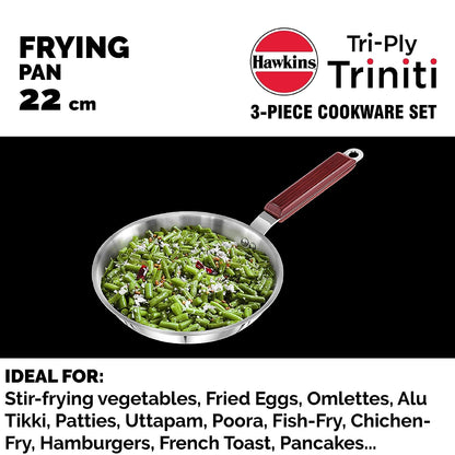 Hawkins Triniti 3 Pieces Triply Stainless Steel Cookware Set (Frying Pan 22cm, Tava 22cm, Deep-Fry Pan with Glass Lid 1.5 Litres) - SSET2