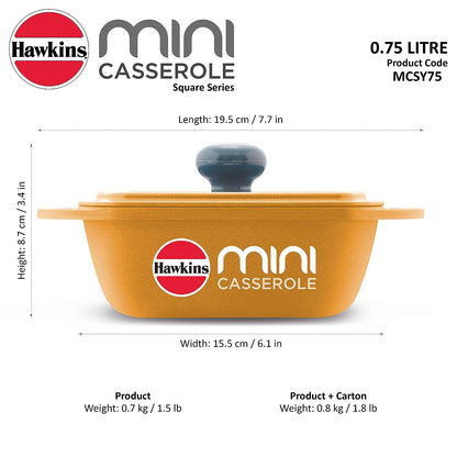 Hawkins Die-Cast Mini Casserole With Lid 0.75 Litres, Square Shaped Die-Cast pan for Cooking, Reheating, Serving and Storing, Yellow - MCSY75