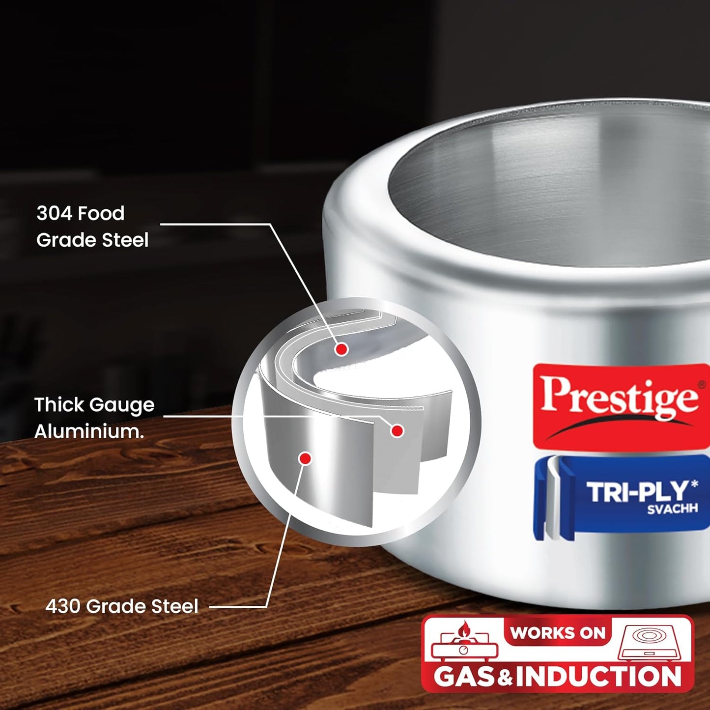 Prestige Triply Svachh Inner Lid Pressure Cooker 3.5 Litres, Three-Layer Design | Visual Pressure Indicator | Gas And Induction Compatible - 20720